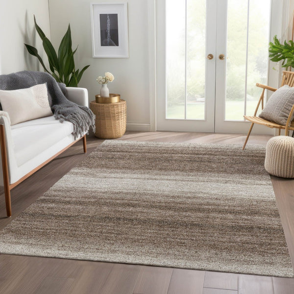 HomeRoots 9' X 12' Striped Washable Area Rug - Brown & Ivory, UV Protected, Durable for Homes with Kids & Pets 681088