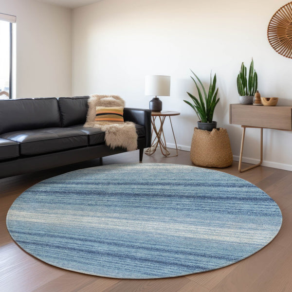HomeRoots 8' Blue And Ivory Striped Washable Round Rug - UV Protected, Stain-Resistant, Perfect for Busy Homes 681092