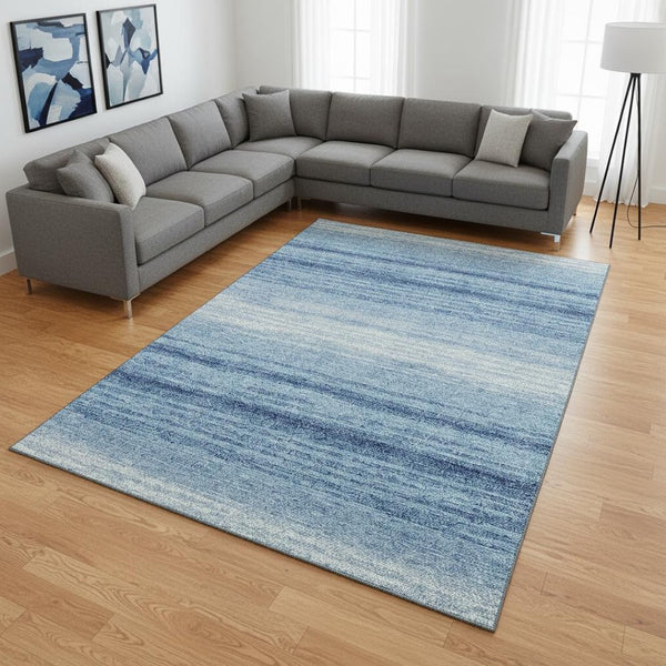 HomeRoots 8' X 10' Blue And Ivory Striped Washable Area Rug - UV Protected, Stain Resistant, Non-Slip Comfort! 681093