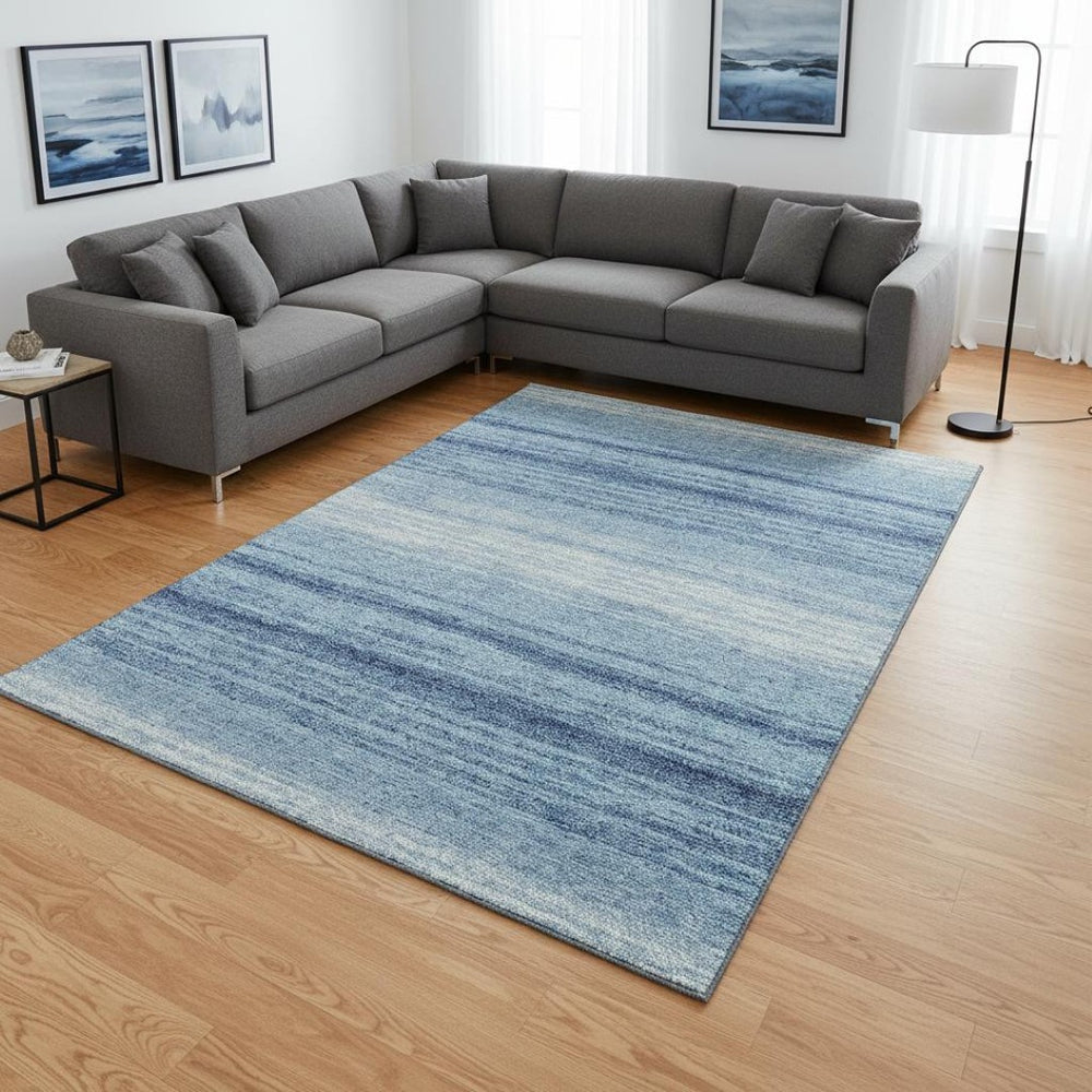 HomeRoots 9' X 12' Blue and Ivory Striped Washable Area Rug - Stylish, Durable & UV-Protected for Homes 681094