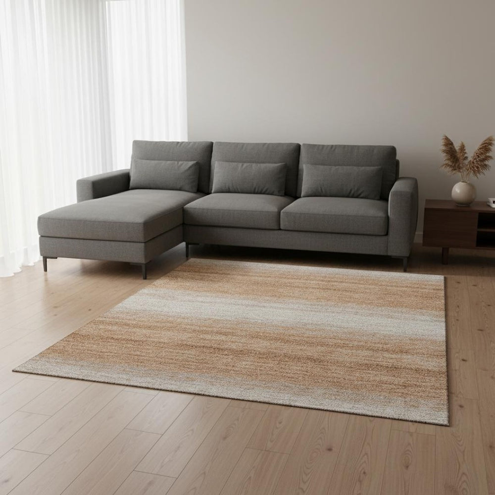 HomeRoots 9' X 12' Copper & Beige Striped Washable Area Rug - Stain-Resistant, UV-Protected, Durable Design 681100