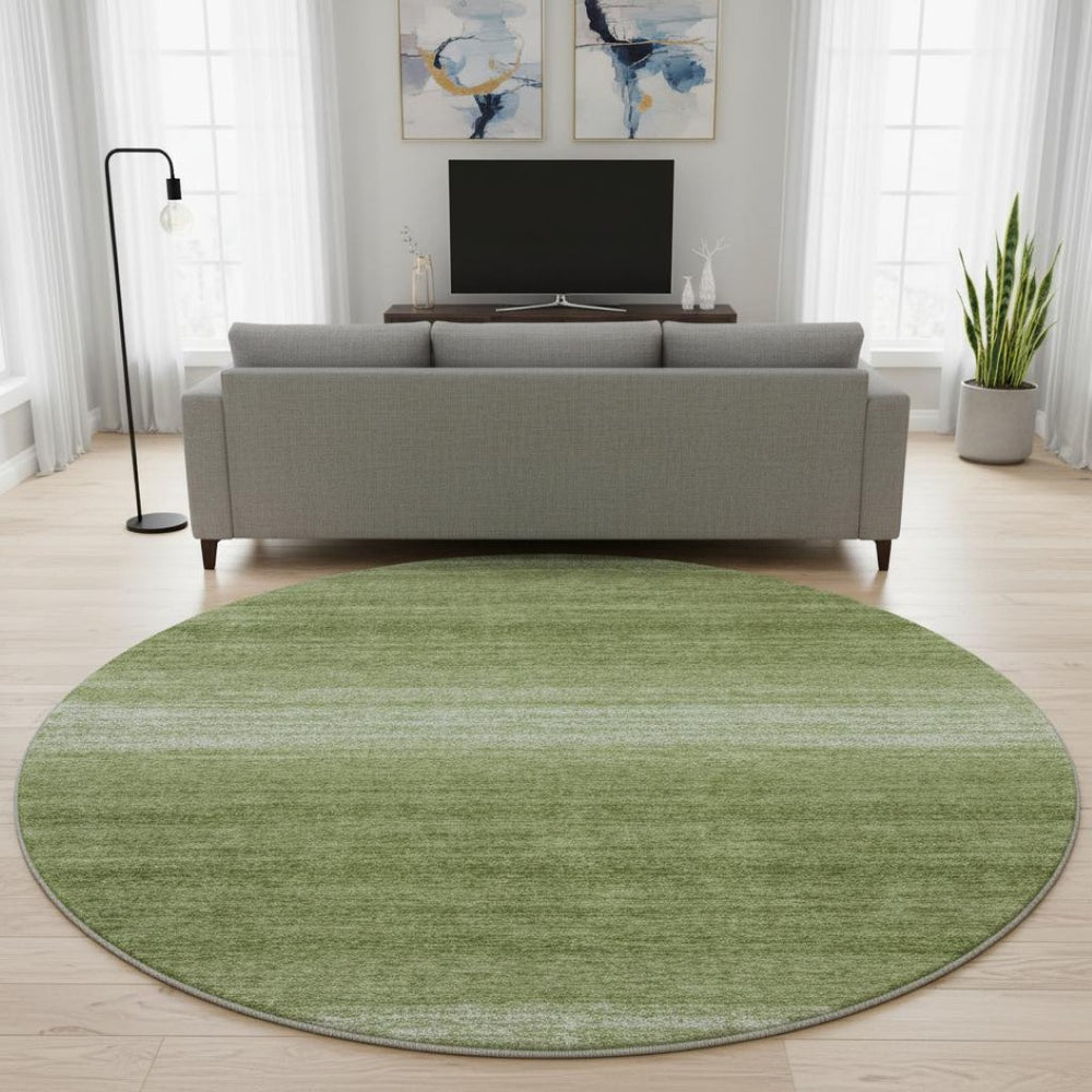 HomeRoots 8' Green and Ivory Striped Washable Round Rug with UV Protection – Durable, Stylish for Busy Homes 681104