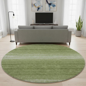 HomeRoots 8' Green and Ivory Striped Washable Round Rug with UV Protection – Durable, Stylish for Busy Homes 681104