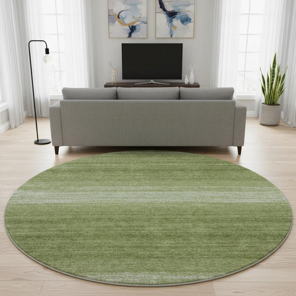 HomeRoots 8' Green and Ivory Striped Washable Round Rug with UV Protection – Durable, Stylish for Busy Homes 681104
