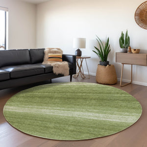 HomeRoots 8' Green and Ivory Striped Washable Round Rug with UV Protection – Durable, Stylish for Busy Homes 681104