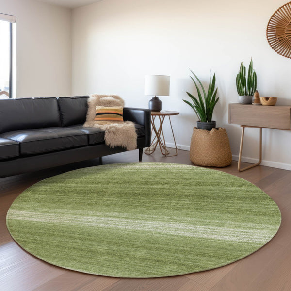 HomeRoots 8' Green and Ivory Striped Washable Round Rug with UV Protection – Durable, Stylish for Busy Homes 681104