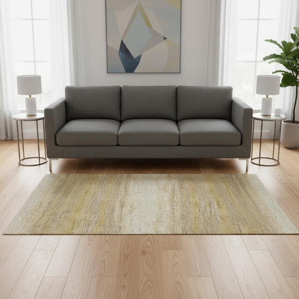 HomeRoots 5' X 8' Washable Striped Area Rug in Gold, Taupe & Ivory – UV Protected, Soft & Stain Resistant! 681109