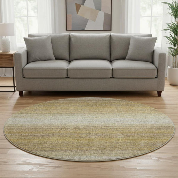 HomeRoots 8' Gold Taupe and Ivory Striped Round Rug - Washable, UV Protected, Stylish for Busy Homes 681110