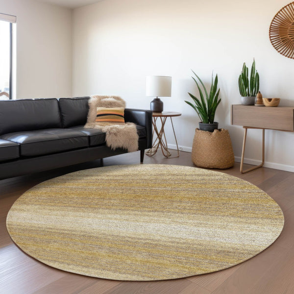 HomeRoots 8' Gold Taupe and Ivory Striped Round Rug - Washable, UV Protected, Stylish for Busy Homes 681110