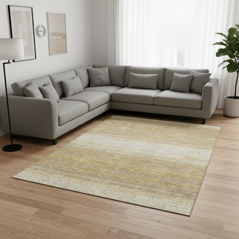 HomeRoots 8' X 10' Gold Taupe Ivory Striped Area Rug – Stylish, Durable, Washable with UV Protection for Homes 681111