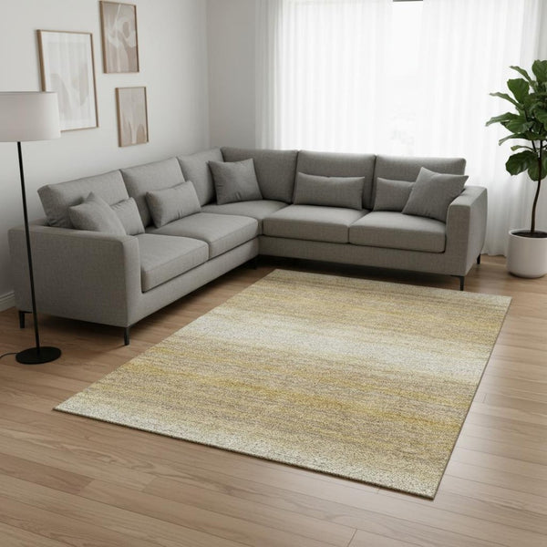 HomeRoots 9' X 12' Gold Taupe Ivory Striped Area Rug - Washable, UV Protected, Durable for Busy Homes 681112