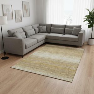 HomeRoots 10' Gold Taupe & Ivory Striped Washable Area Rug - Durable, UV-Protected, Ideal for Busy Homes! 681113