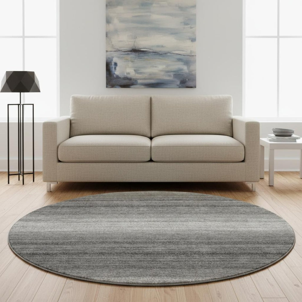 HomeRoots 8' Gray and Silver Striped Washable Round Rug - Durable, Stylish, UV-Protected for High-Traffic Areas 681116