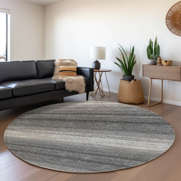 HomeRoots 8' Gray and Silver Striped Washable Round Rug - Durable, Stylish, UV-Protected for High-Traffic Areas 681116