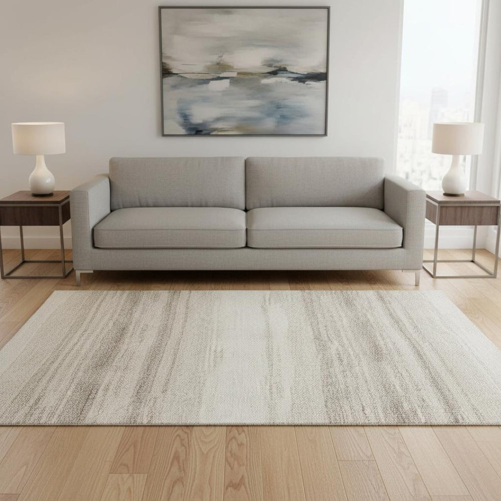 HomeRoots 5' X 8' Striped Washable Area Rug in Ivory & Beige - UV Protected, Stain-Resistant, Durable Design 681121