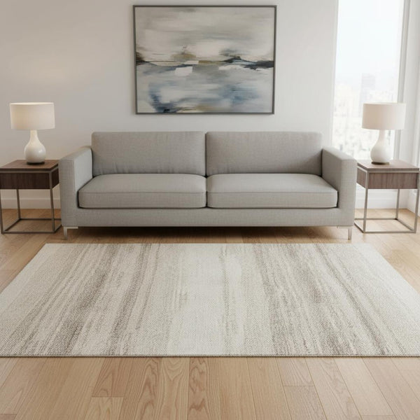 HomeRoots 5' X 8' Striped Washable Area Rug in Ivory & Beige - UV Protected, Stain-Resistant, Durable Design 681121