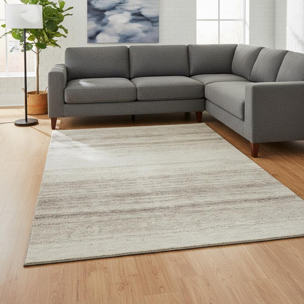 HomeRoots 9' X 12' Ivory and Beige Striped Washable Area Rug – Durable, UV-Protected, Perfect for High-Traffic Spaces 681124