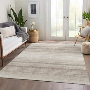 HomeRoots 9' X 12' Ivory and Beige Striped Washable Area Rug – Durable, UV-Protected, Perfect for High-Traffic Spaces 681124