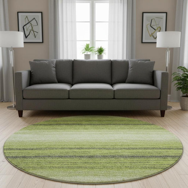 HomeRoots 8' Vibrant Lime Green, Gray & Ivory Striped Washable Round Rug with UV Protection for Any Space 681128