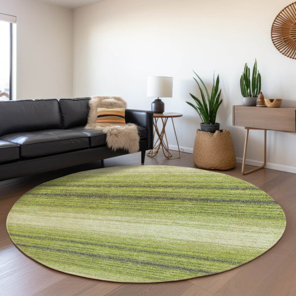 HomeRoots 8' Vibrant Lime Green, Gray & Ivory Striped Washable Round Rug with UV Protection for Any Space 681128