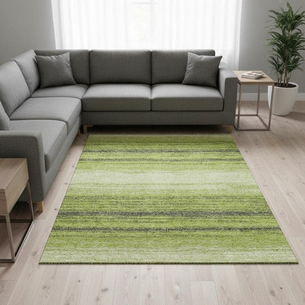 HomeRoots 9' X 12' Striped Washable Area Rug in Lime Green, Gray & Ivory - UV Resistant, Easy Care & Durable 681130