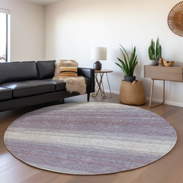 HomeRoots 8' Lavender and Ivory Striped Round Rug - Washable, UV Protected, Stain Resistant for Family Spaces 681134