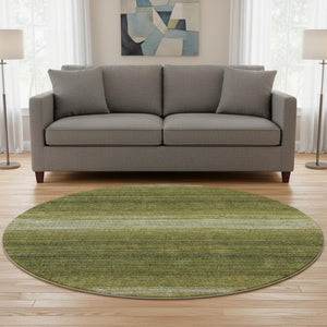 HomeRoots 8' Olive Green & Ivory Striped Washable Round Rug with UV Protection for Stylish, Family-Friendly Spaces 681140