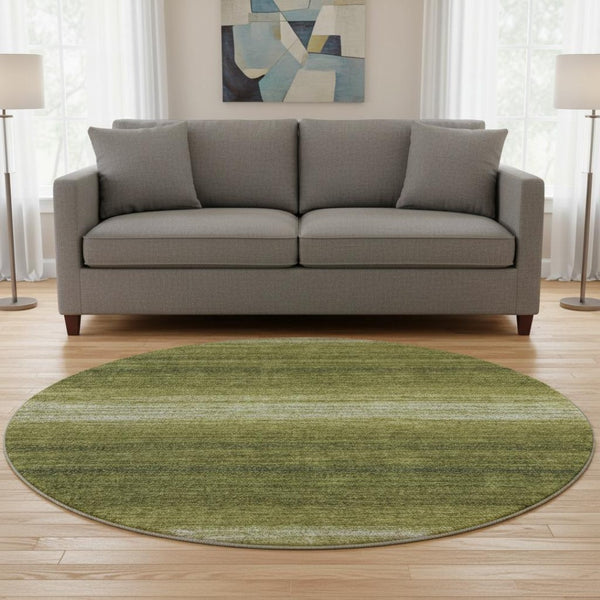 HomeRoots 8' Olive Green & Ivory Striped Washable Round Rug with UV Protection for Stylish, Family-Friendly Spaces 681140