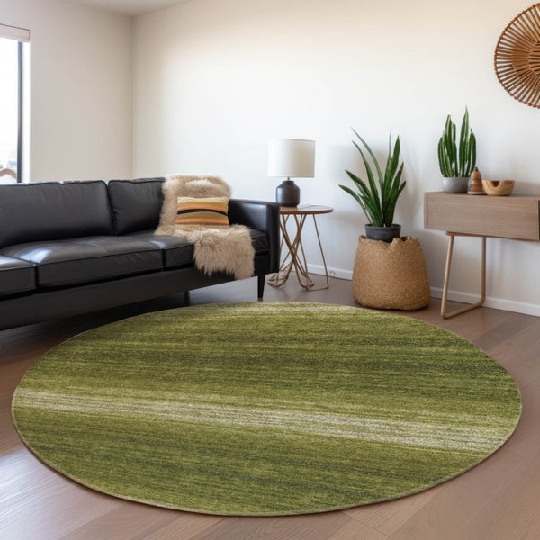 HomeRoots 8' Olive Green & Ivory Striped Washable Round Rug with UV Protection for Stylish, Family-Friendly Spaces 681140