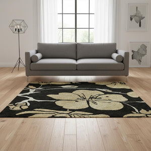 HomeRoots 5' X 8' Black and Wheat Floral Area Rug - Washable, UV Protected, Stain Resistant for Busy Homes 681145