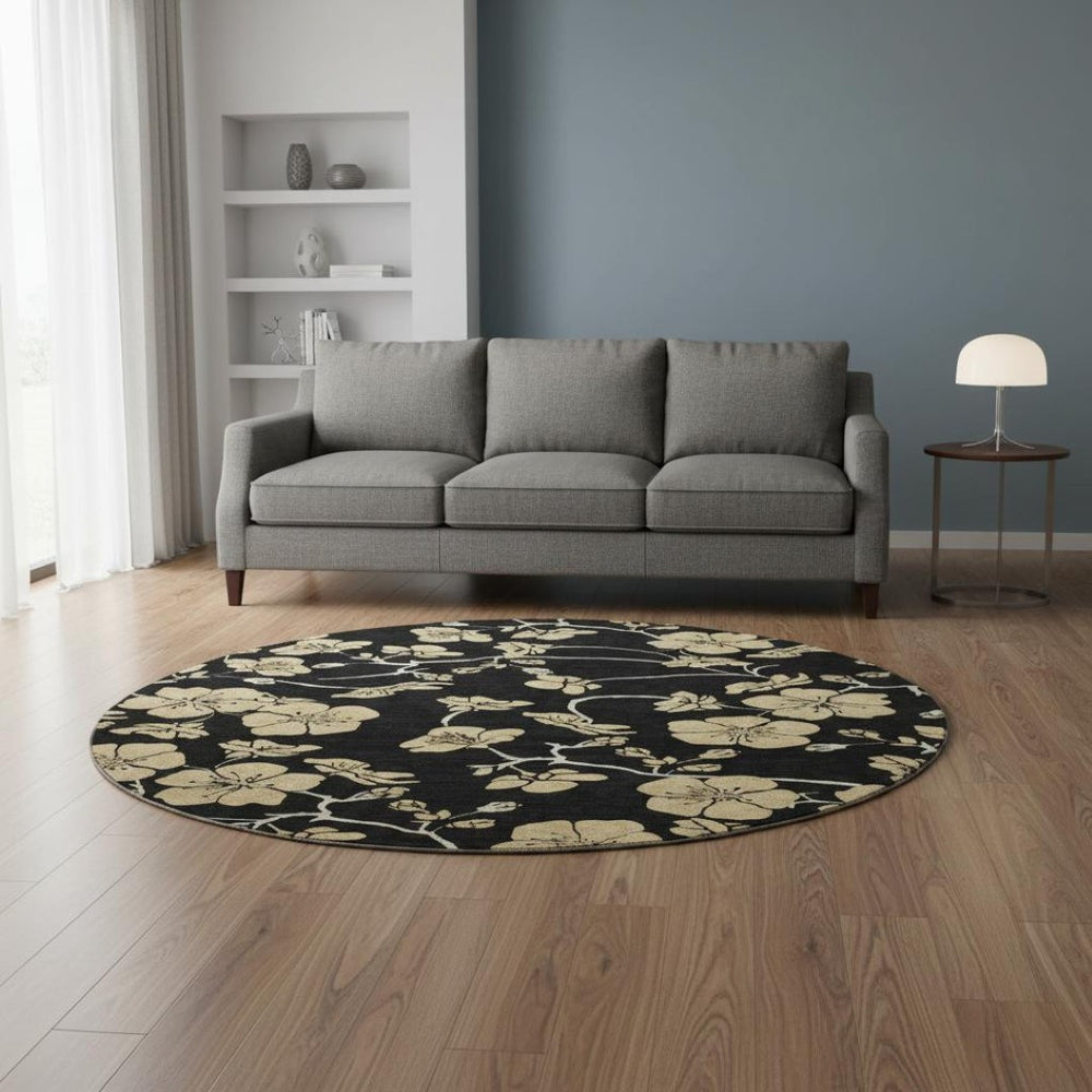 HomeRoots 8' Black And Wheat Floral Round Rug - Washable, UV Protected, Stain Resistant for Busy Homes & More 681146