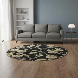 HomeRoots 8' Black And Wheat Floral Round Rug - Washable, UV Protected, Stain Resistant for Busy Homes & More 681146