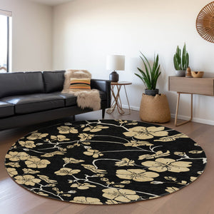 HomeRoots 8' Black And Wheat Floral Round Rug - Washable, UV Protected, Stain Resistant for Busy Homes & More 681146