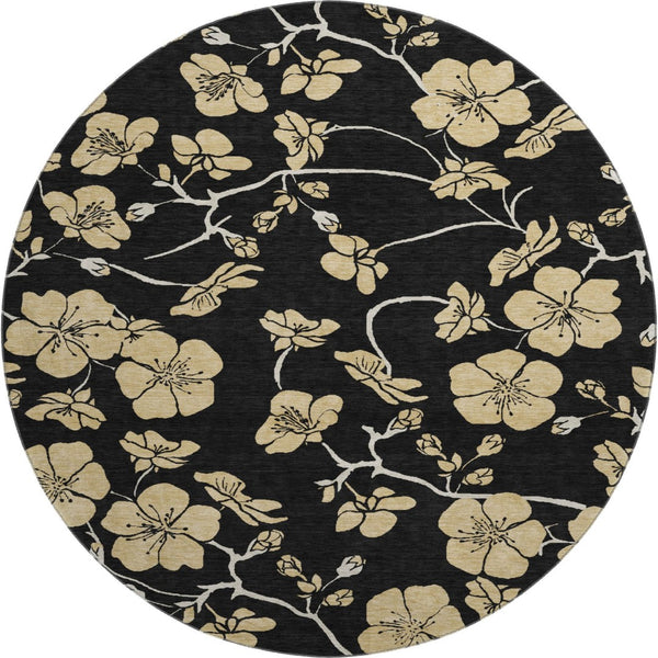 HomeRoots 8' Black And Wheat Floral Round Rug - Washable, UV Protected, Stain Resistant for Busy Homes & More 681146