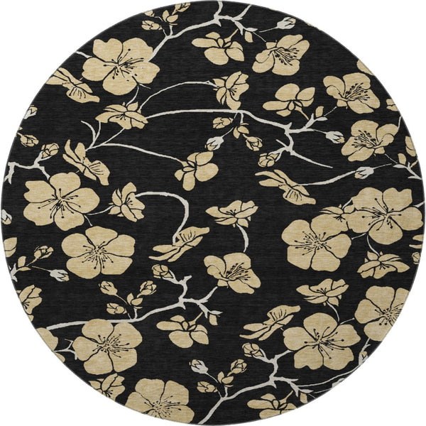 HomeRoots 8' Black And Wheat Floral Round Rug - Washable, UV Protected, Stain Resistant for Busy Homes & More 681146