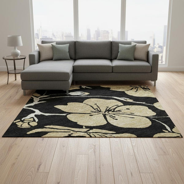 HomeRoots 8' X 10' Black And Wheat Floral Area Rug - Washable, UV-Protected, Ideal for Homes with Kids & Pets 681147