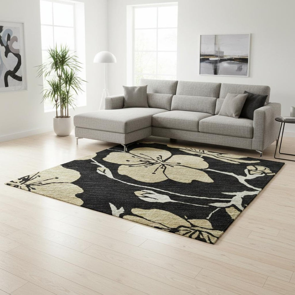 HomeRoots 9' X 12' Elegant Black & Wheat Floral Washable Area Rug - Stain Resistant, UV Protected & Stylish! 681148