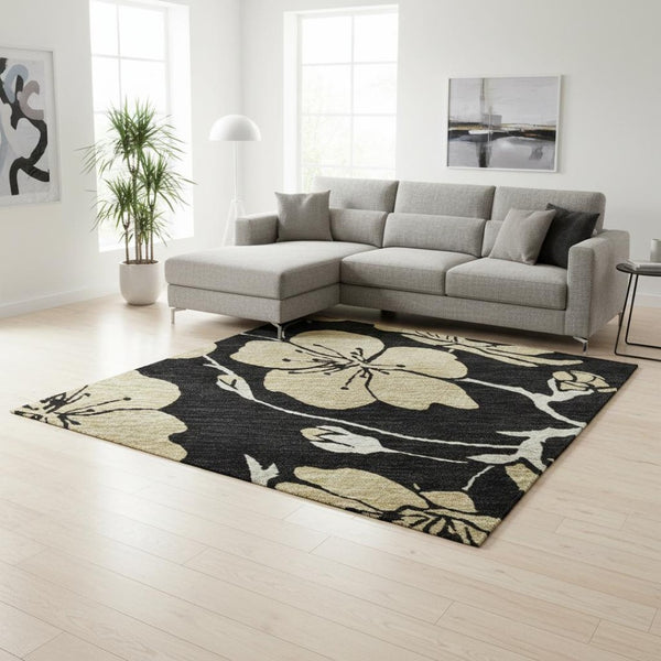HomeRoots 9' X 12' Elegant Black & Wheat Floral Washable Area Rug - Stain Resistant, UV Protected & Stylish! 681148