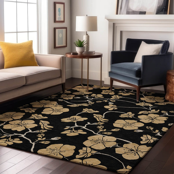 HomeRoots 9' X 12' Elegant Black & Wheat Floral Washable Area Rug - Stain Resistant, UV Protected & Stylish! 681148