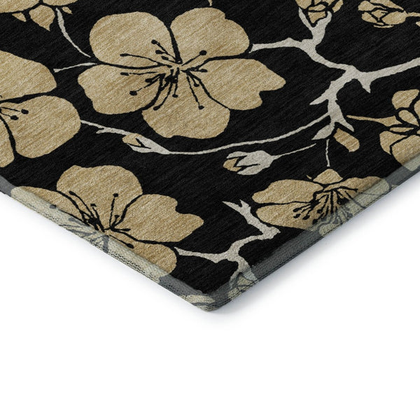 HomeRoots 9' X 12' Elegant Black & Wheat Floral Washable Area Rug - Stain Resistant, UV Protected & Stylish! 681148