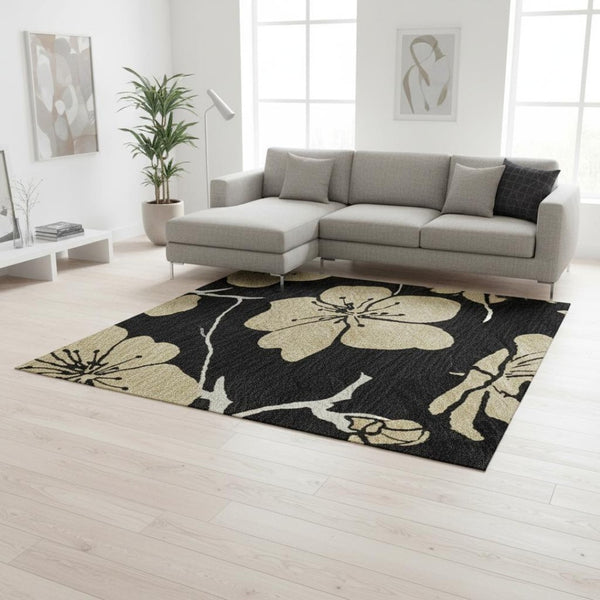 HomeRoots 10' Black and Wheat Floral Washable Area Rug - UV Protected, Stain Resistant, Durable Design for Homes 681149