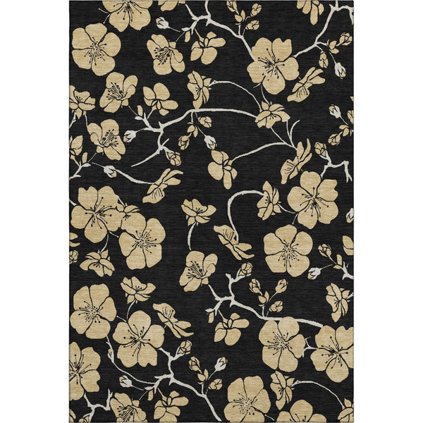 HomeRoots 10' Black and Wheat Floral Washable Area Rug - UV Protected, Stain Resistant, Durable Design for Homes 681149
