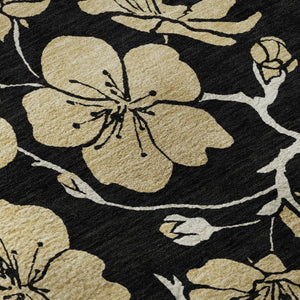 HomeRoots 10' Black and Wheat Floral Washable Area Rug - UV Protected, Stain Resistant, Durable Design for Homes 681149