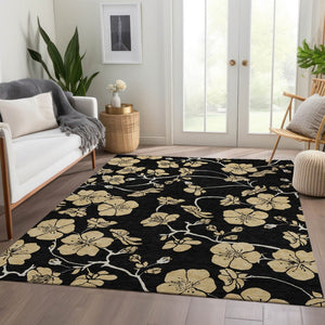 HomeRoots 10' Black and Wheat Floral Washable Area Rug - UV Protected, Stain Resistant, Durable Design for Homes 681149
