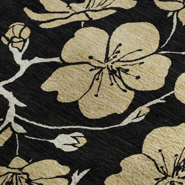 HomeRoots 10' Black and Wheat Floral Washable Area Rug - UV Protected, Stain Resistant, Durable Design for Homes 681149