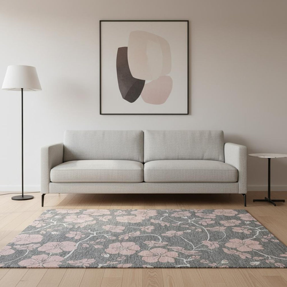 HomeRoots 5' X 8' Gray And Pink Floral Washable Area Rug – Stylish, Durable, UV-Protected for Homes & Patios 681151