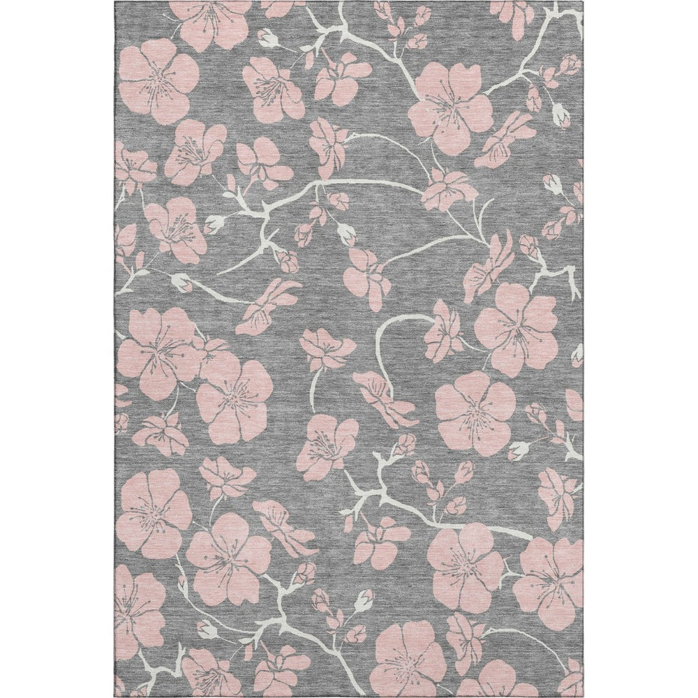 HomeRoots 5' X 8' Gray And Pink Floral Washable Area Rug – Stylish, Durable, UV-Protected for Homes & Patios 681151