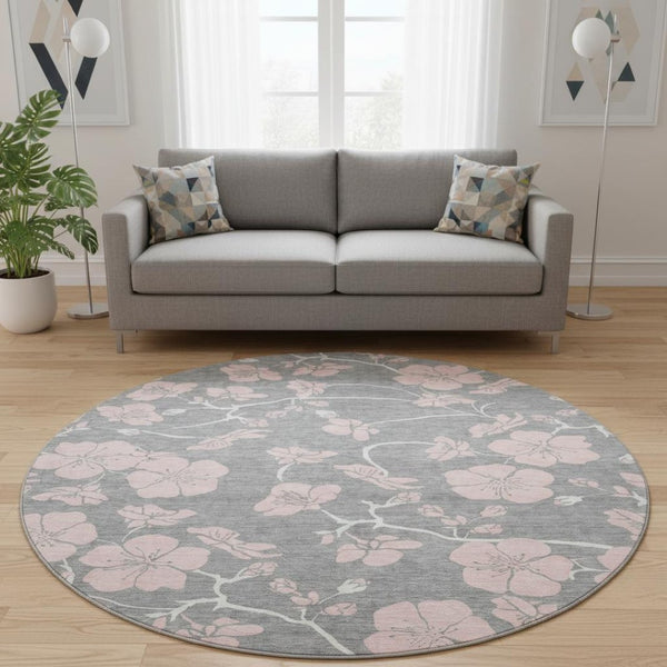 HomeRoots 8' Gray and Pink Floral Washable Round Rug - Durable, Stain-Resistant, UV-Protected for Busy Homes 681152