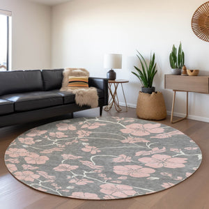 HomeRoots 8' Gray and Pink Floral Washable Round Rug - Durable, Stain-Resistant, UV-Protected for Busy Homes 681152