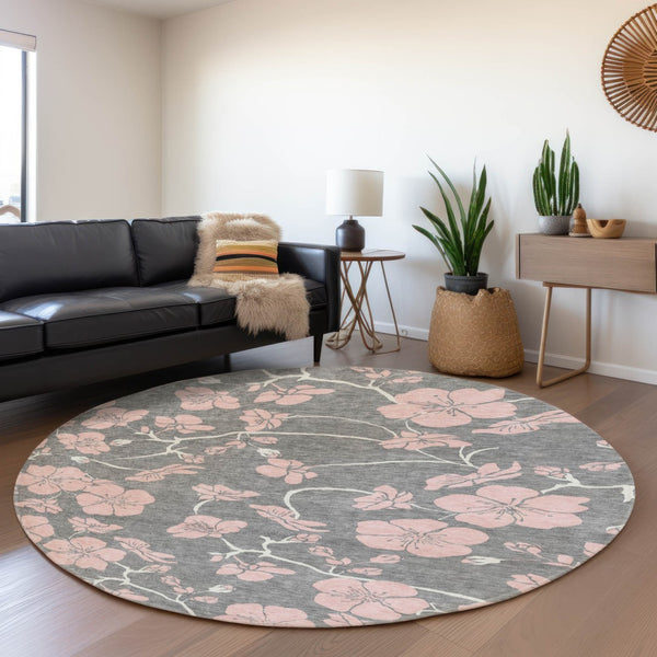 HomeRoots 8' Gray and Pink Floral Washable Round Rug - Durable, Stain-Resistant, UV-Protected for Busy Homes 681152